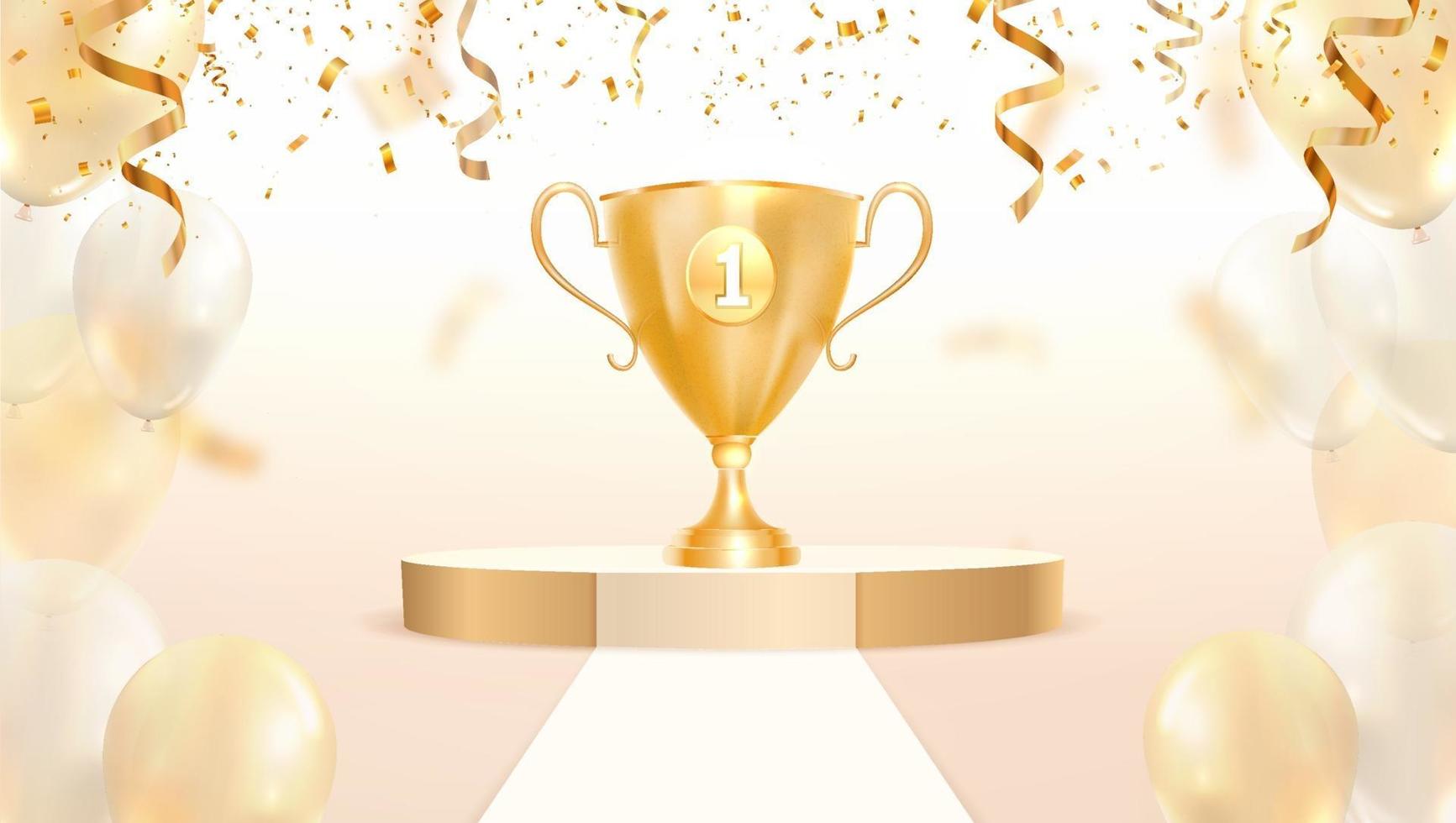 Golden trophy cup on podium vector illustration. First place win