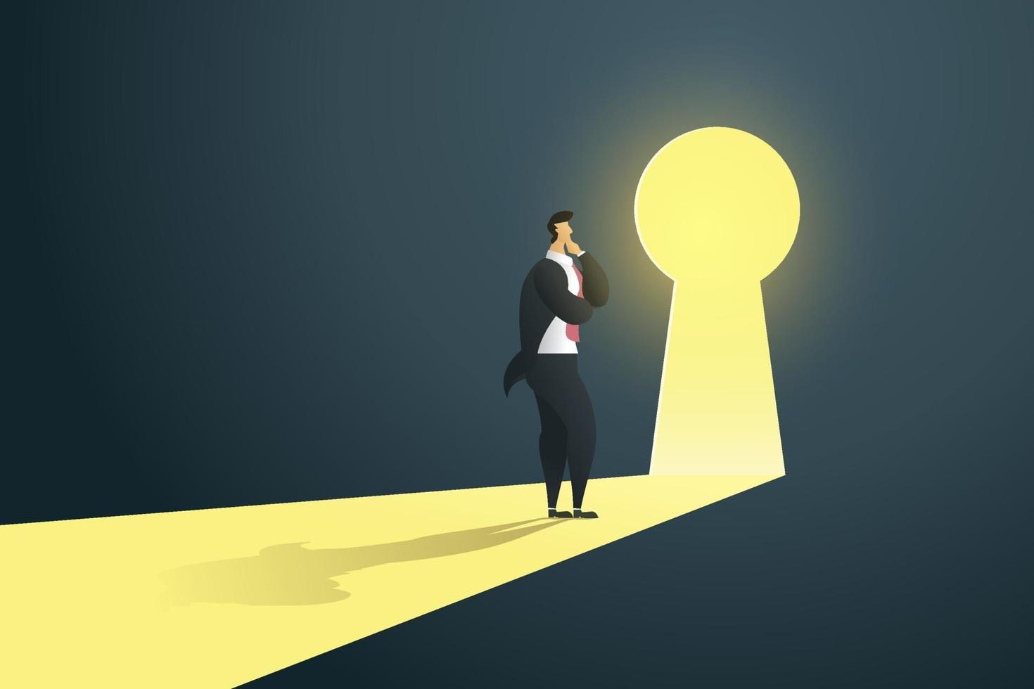 Businessman standing near keyhole door in wall of hole light falls. vector