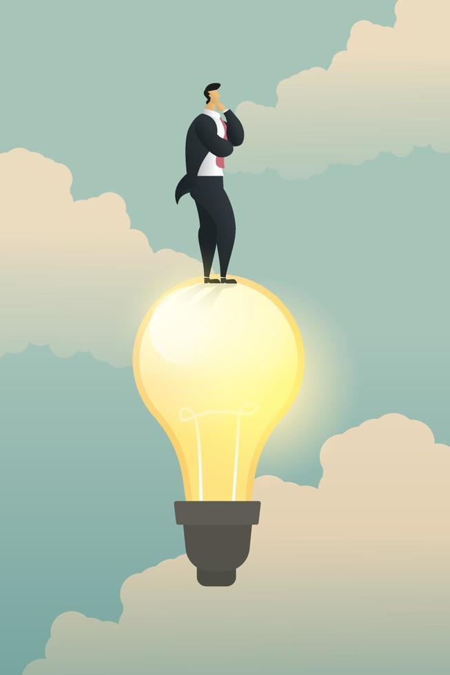 Creativity thinking businessman solution stand on light bulb. vector