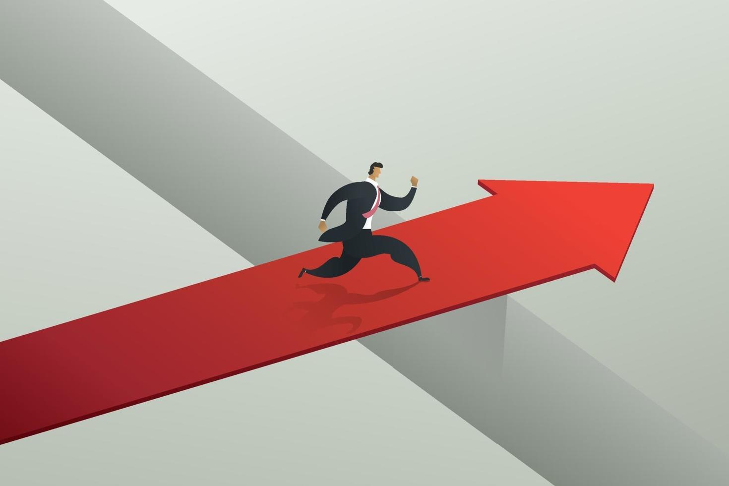 Businessman running cross the red arrow bridge to achieve target. vector