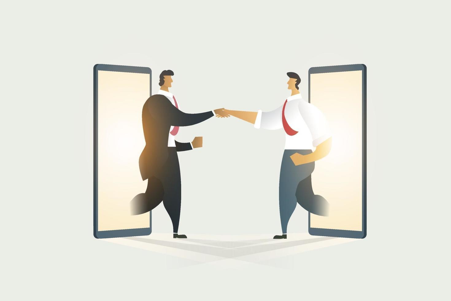 Business people shaking hands through cooperation on display mobile. vector