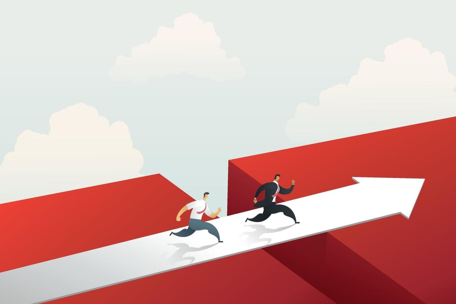 Businessman running cross the red arrow bridge to achieve target. vector