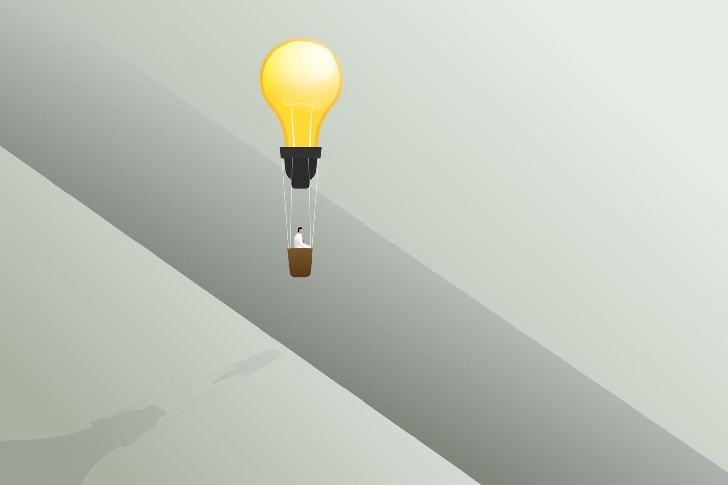 Businessman flying with lightbulb balloon cross edge of gap. vector