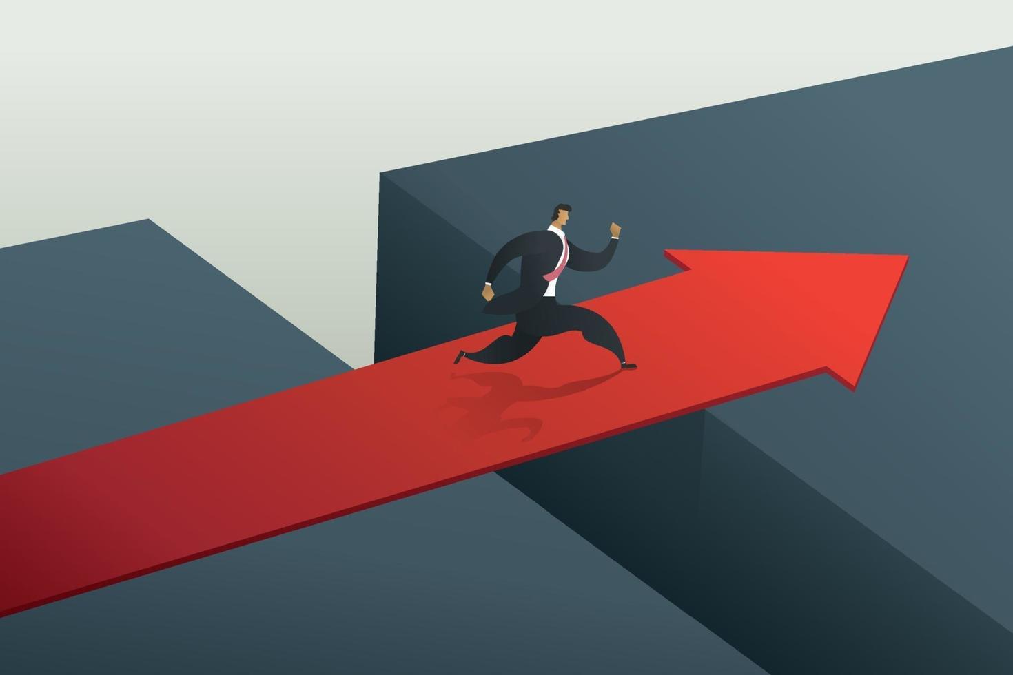 Businessman running cross the red arrow bridge to achieve target. vector