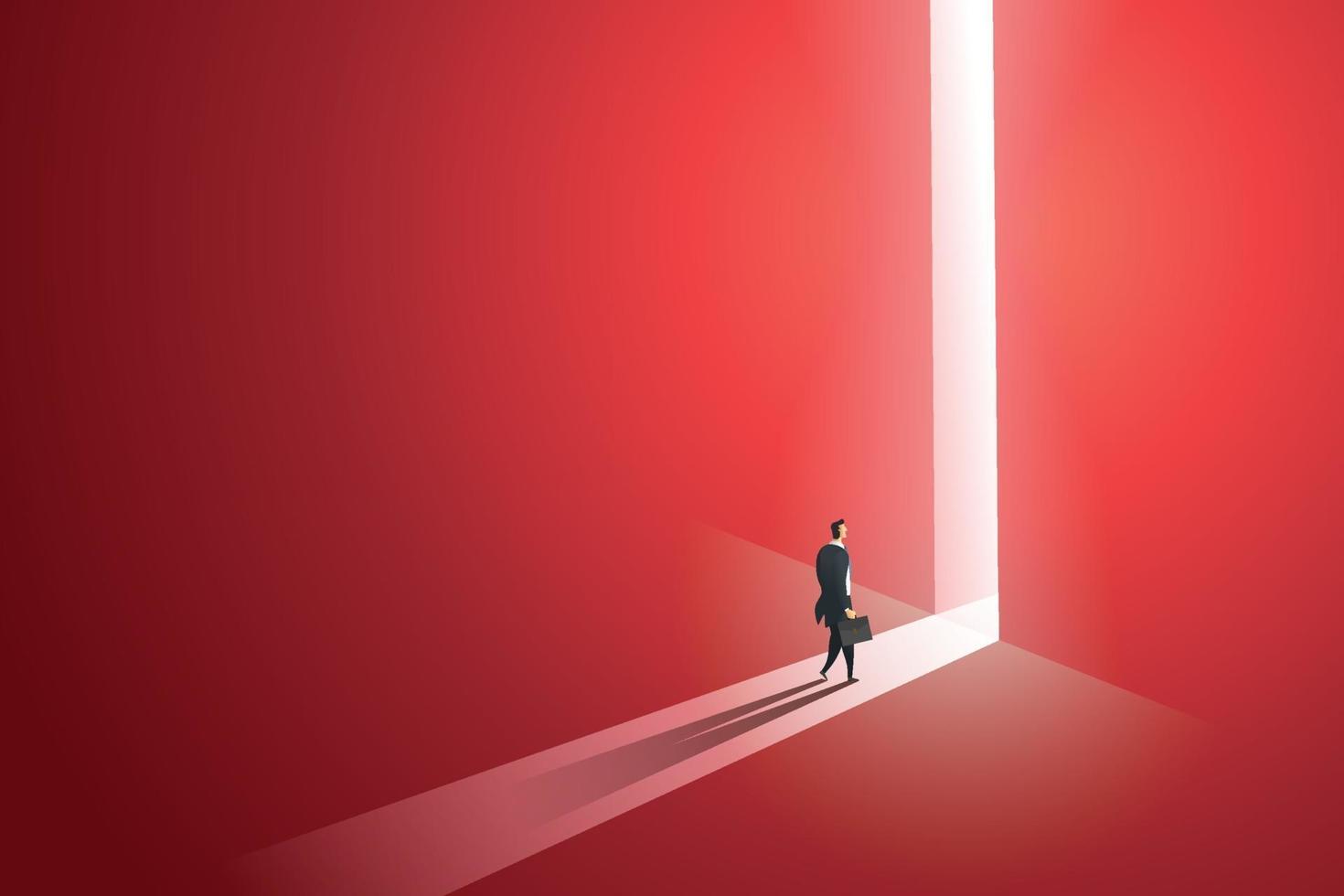 Businessman walking go to front of bright big shining door in wall. vector