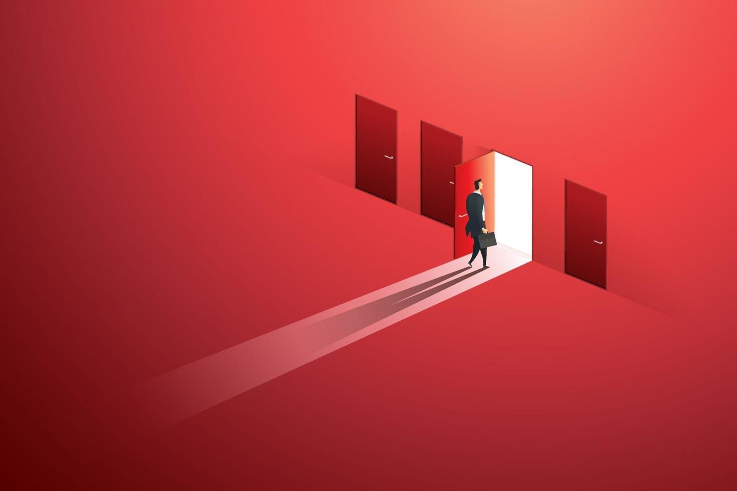 Businessman walking open door of choice path to goal. vector