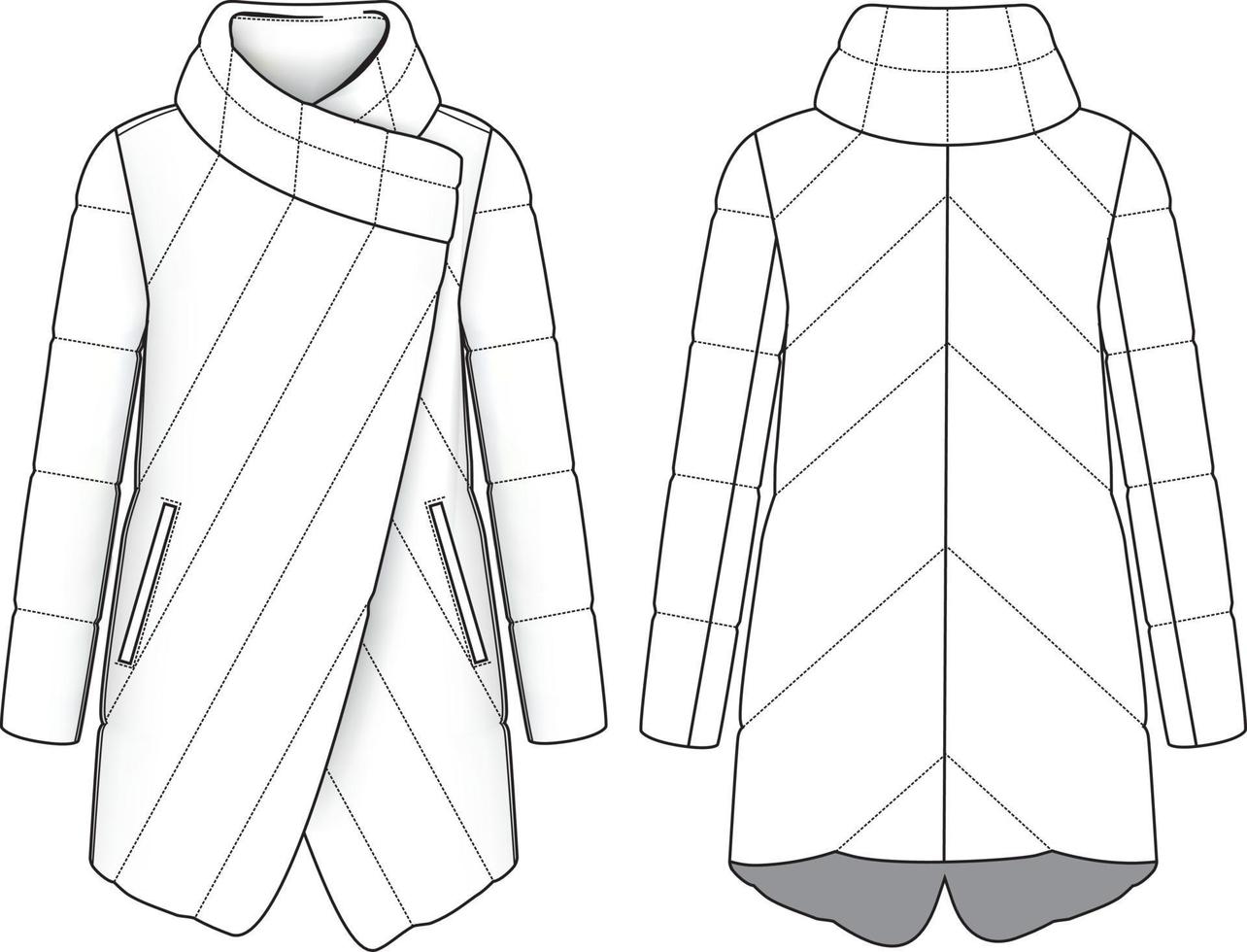 Fashion feather coat technical illustration. Editable flat sketch vector