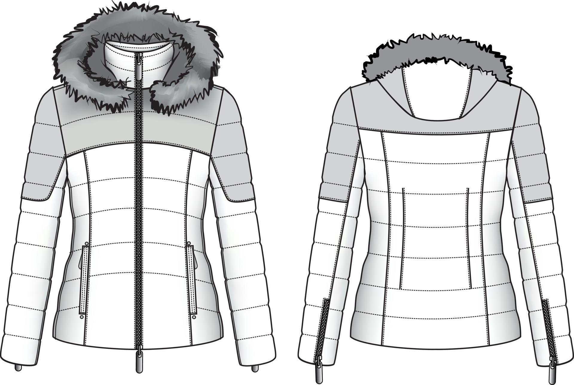 Quilt feather jacket parka with fur hood. Flat fashion sketch 3219190