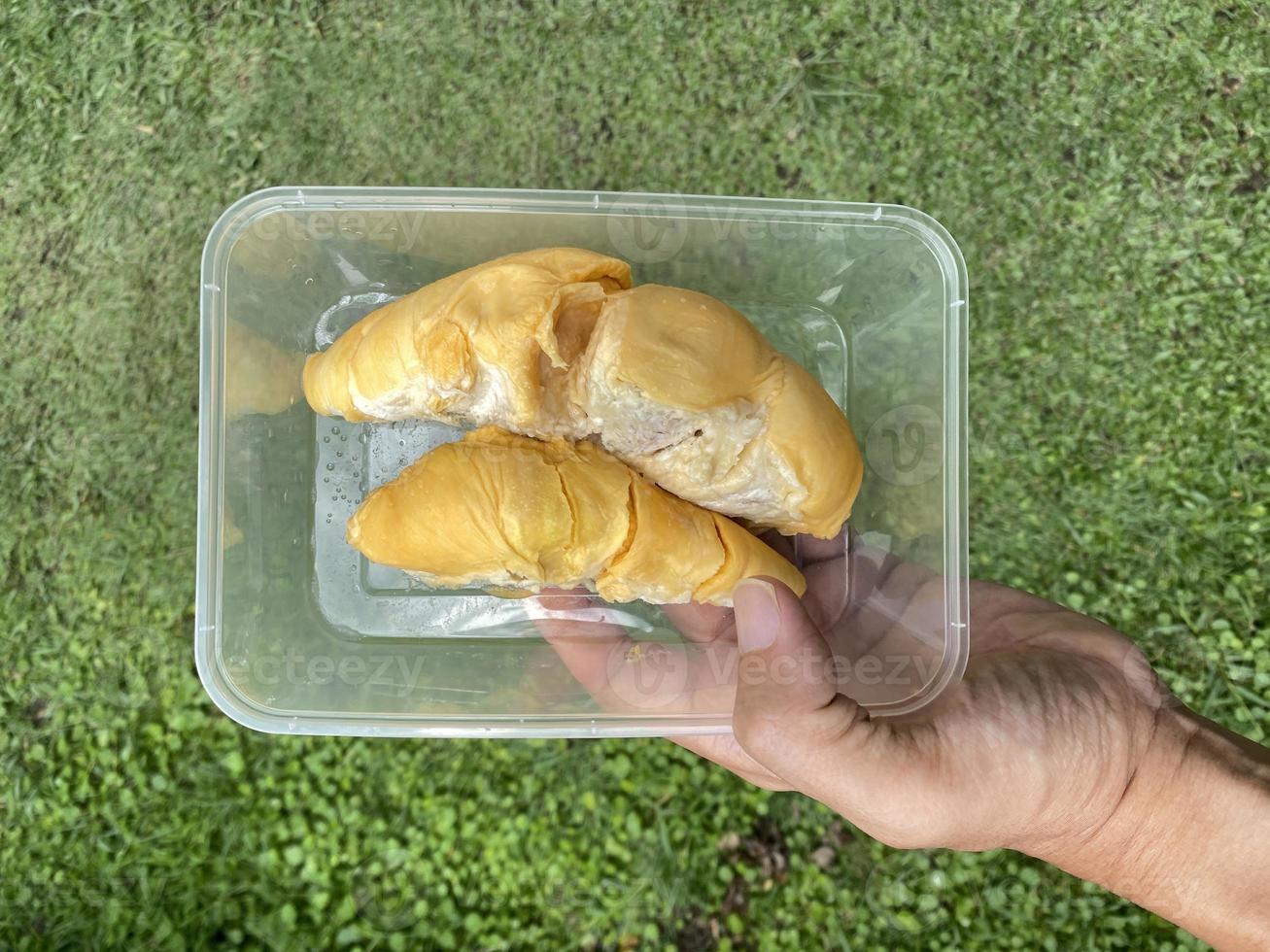 A hand holding durians inside a plastic container, ready for takeaway. photo