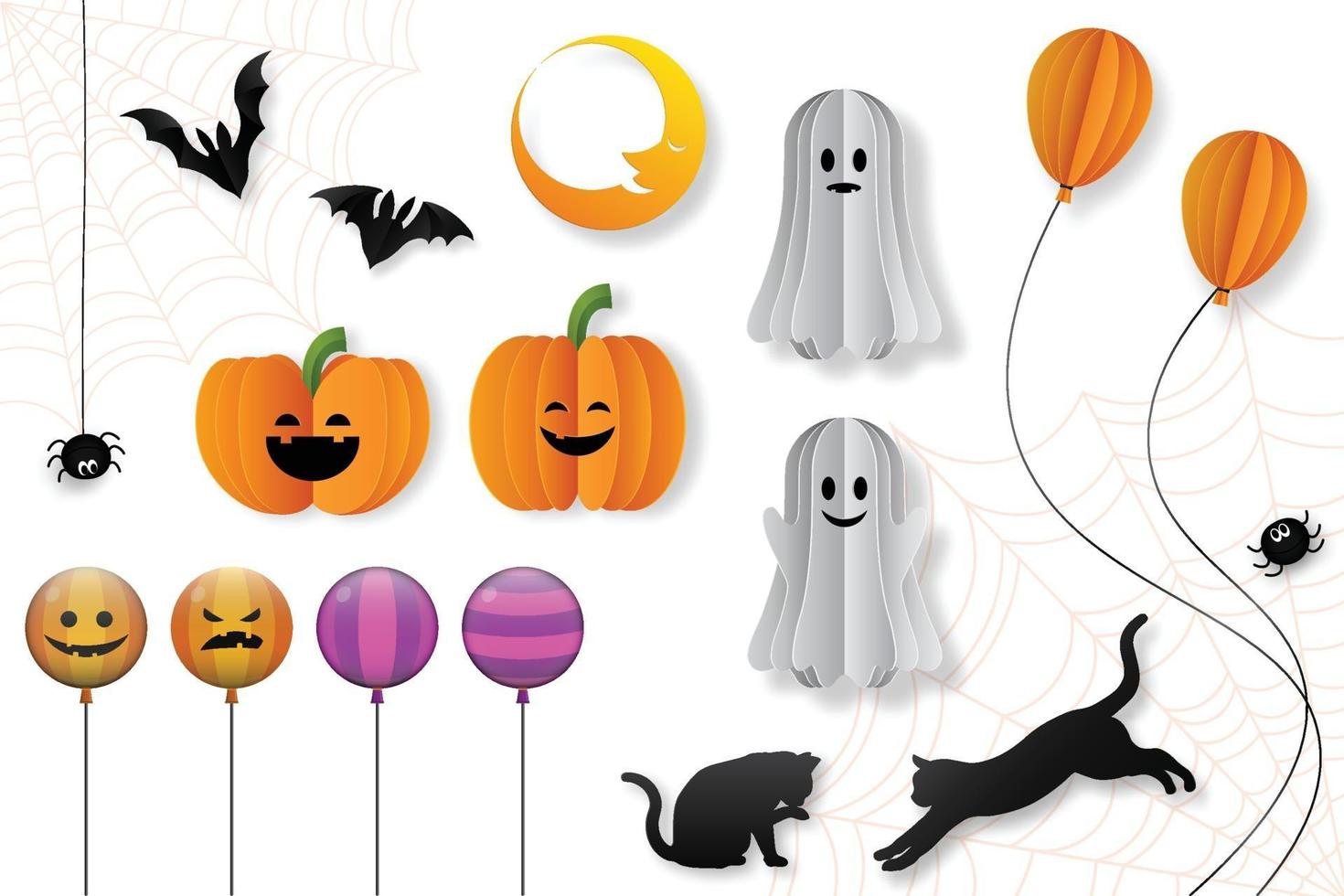 Halloween decorative elements in paper cut style, vector illustration.