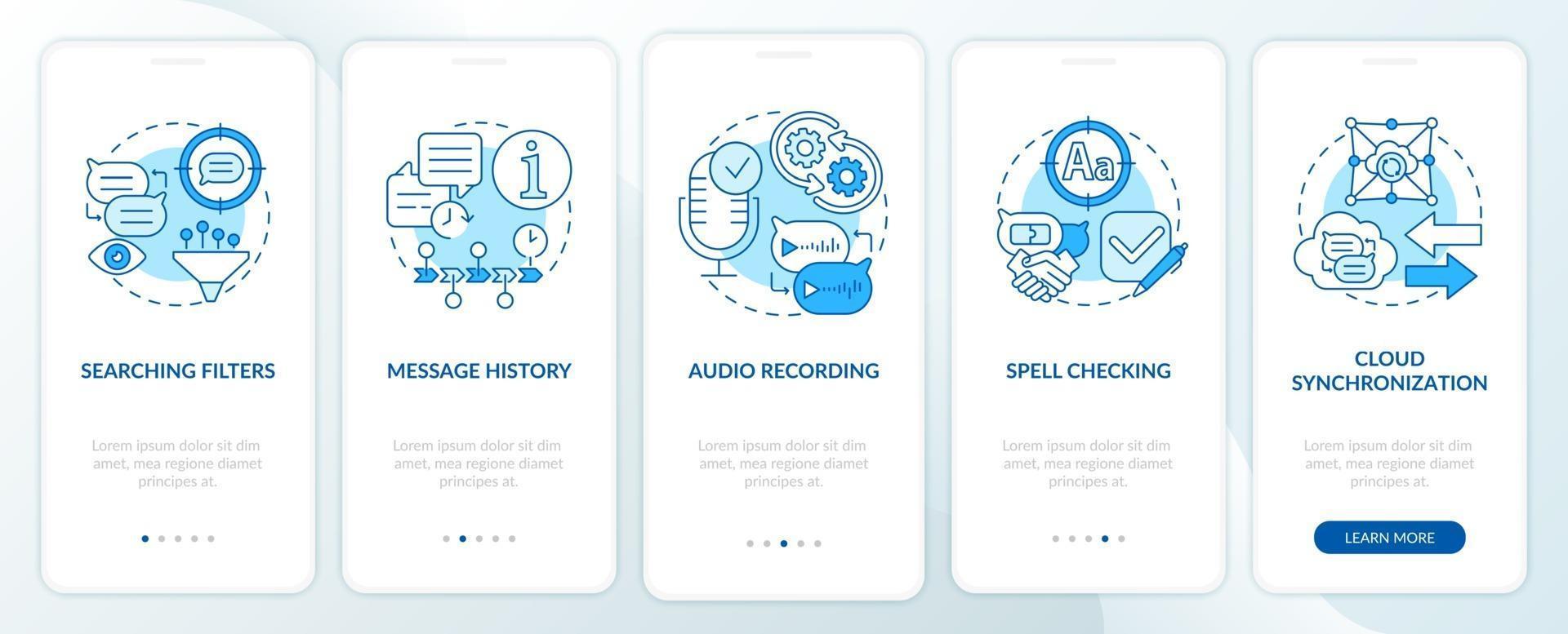 Best messaging feature blue onboarding mobile app page screen vector