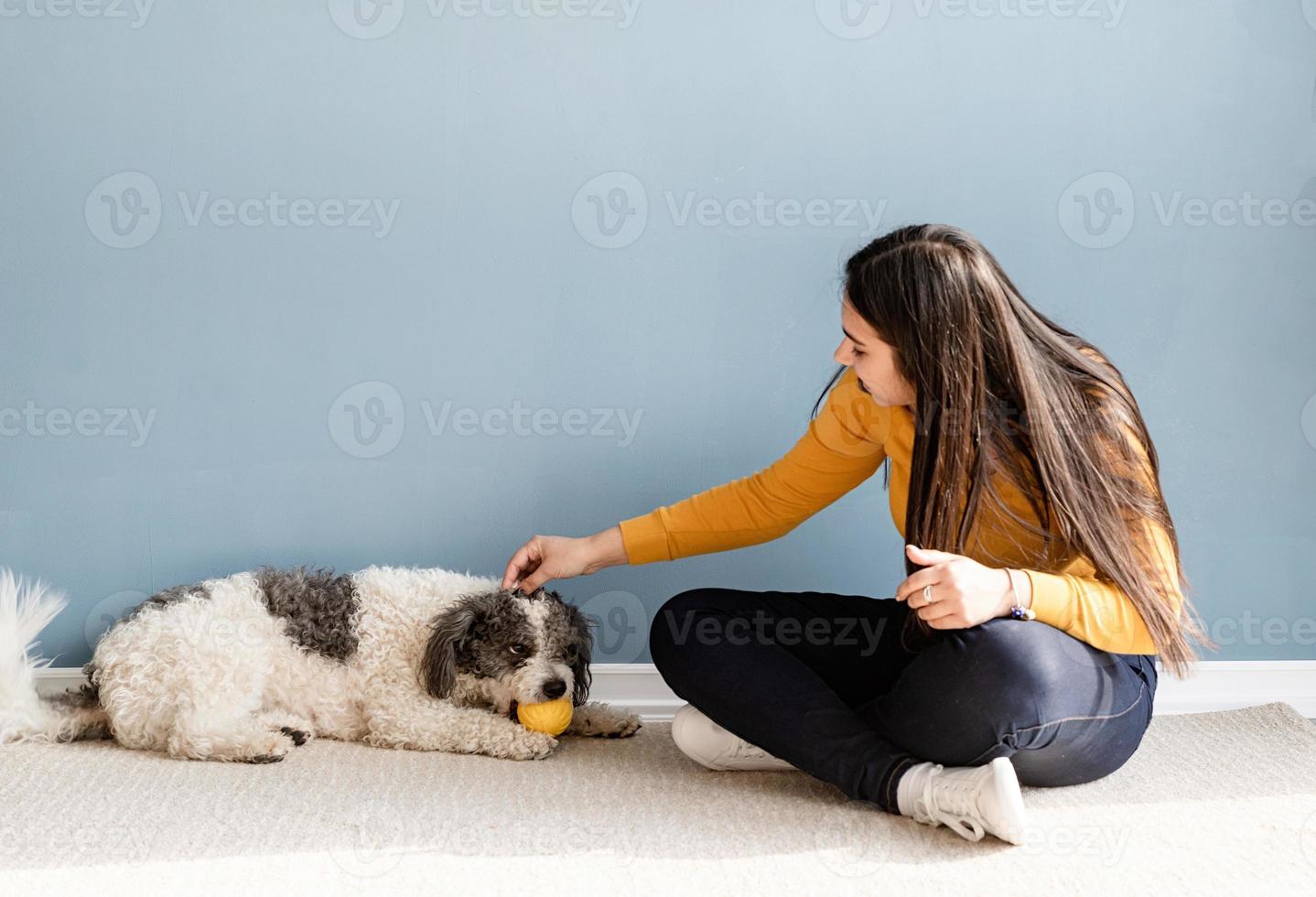 Bella mujer con juguetón perro joven divirtiéndose en casa foto