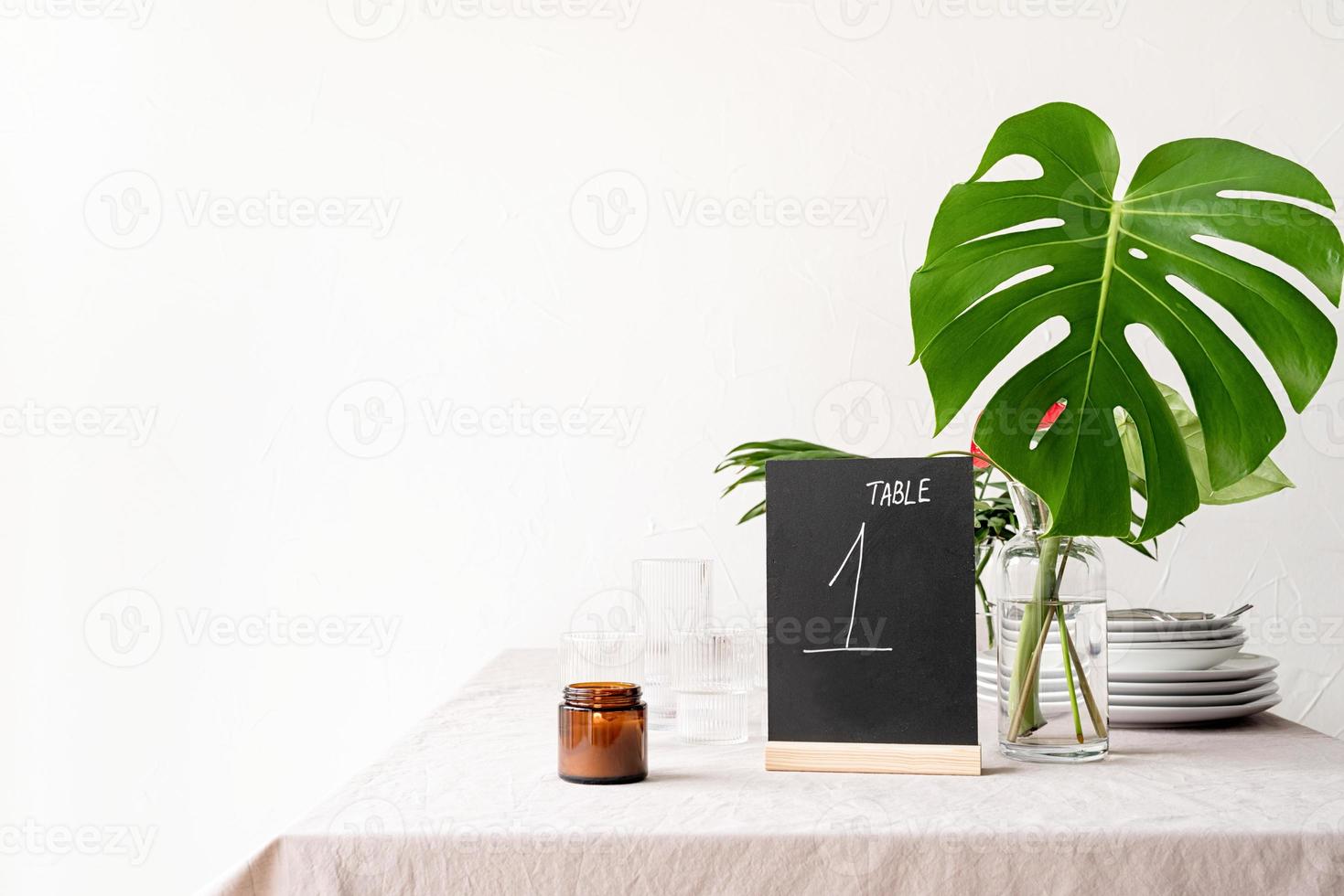 Mock up table tent with words table 1 on restaurant table photo