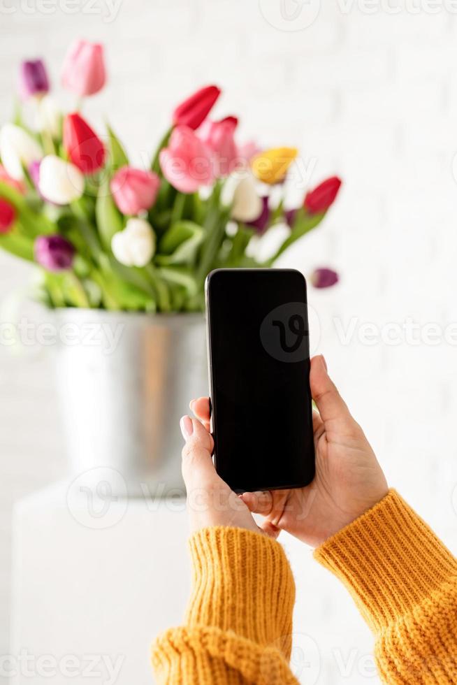 Female hand holding mobile phone taking picture of tulips flowers photo