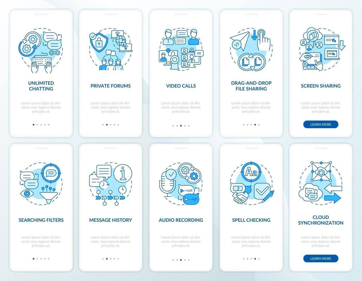 conjunto de pantalla de la página de la aplicación móvil de incorporación azul del software de mensajes vector