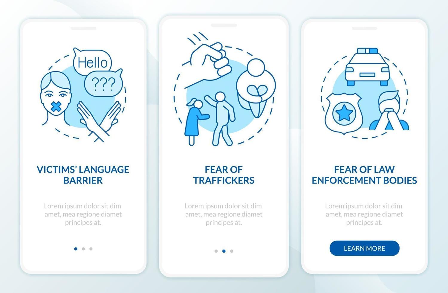 Human slavery victims onboarding mobile app page screen vector