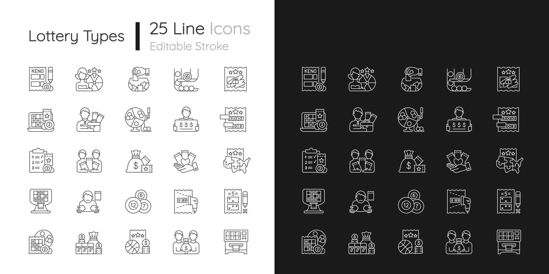 Lottery types linear icons set for dark and light mode vector