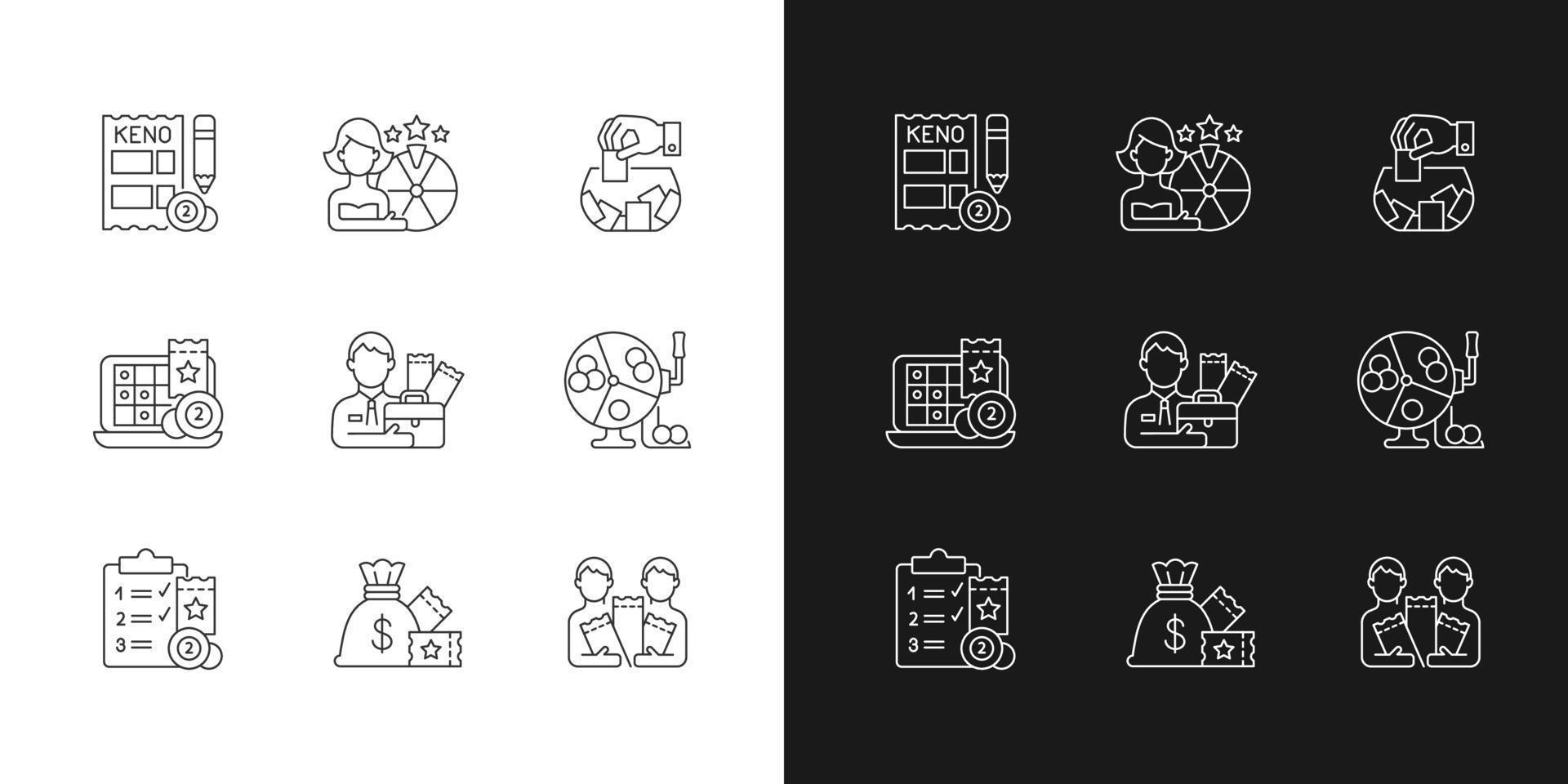 Gambling game types linear icons set for dark and light mode vector