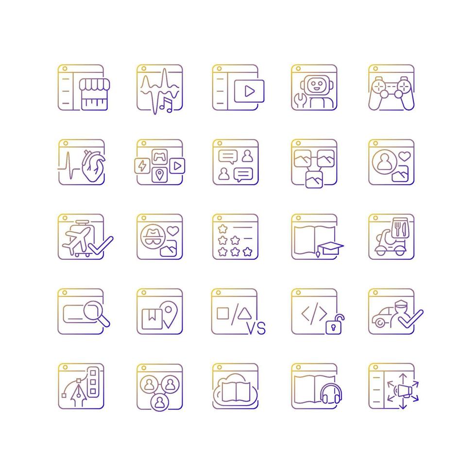 Conjunto de iconos de vector lineal degradado de plataformas en línea