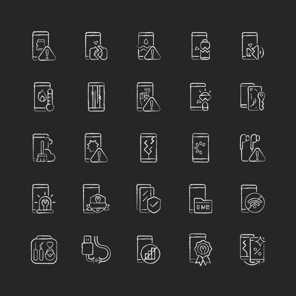 Iconos de tiza blanca de reparación de teléfonos inteligentes en fondo oscuro vector