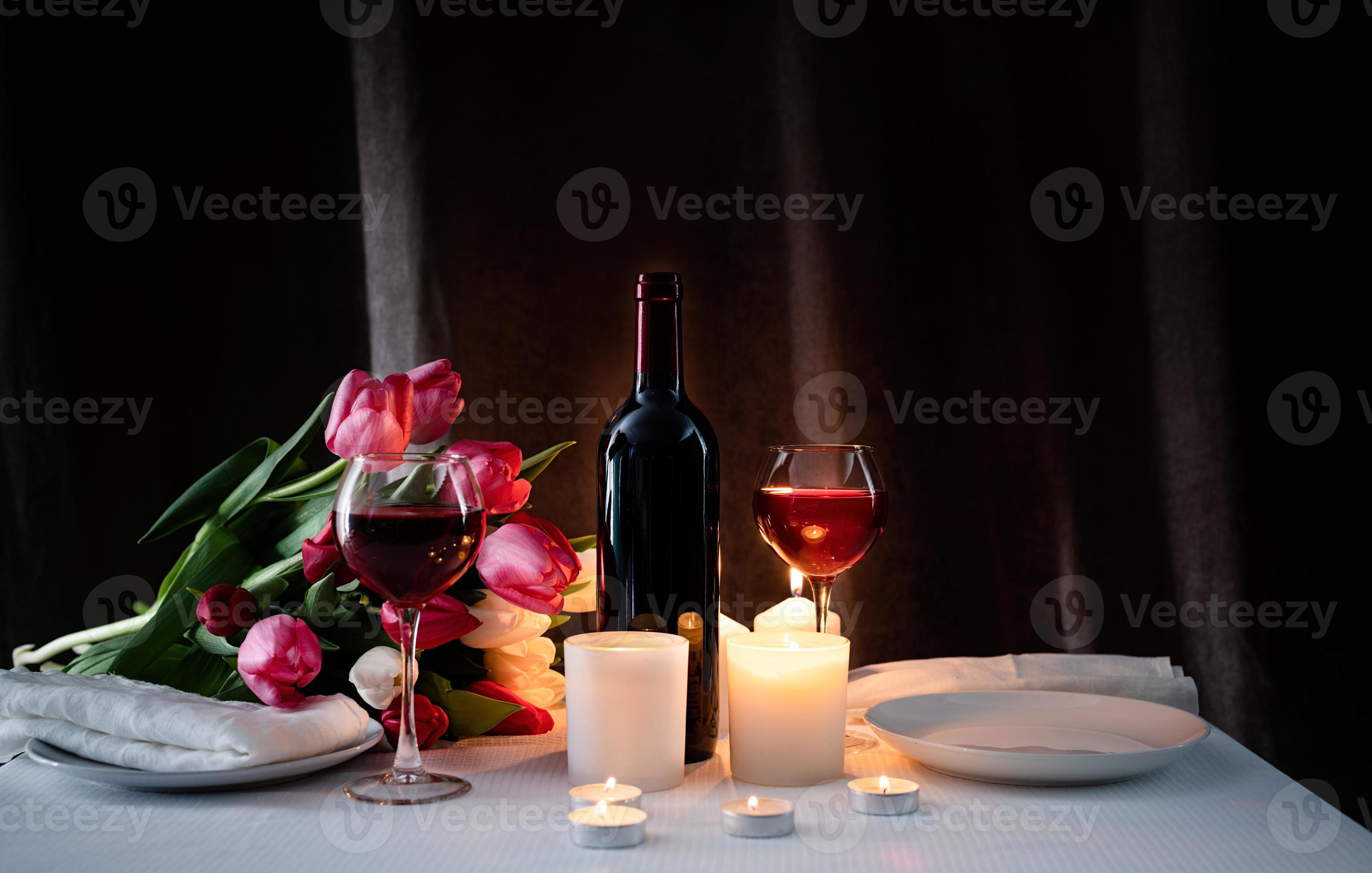 Romantic candlelight dinner for two lovers, dark background 3221456