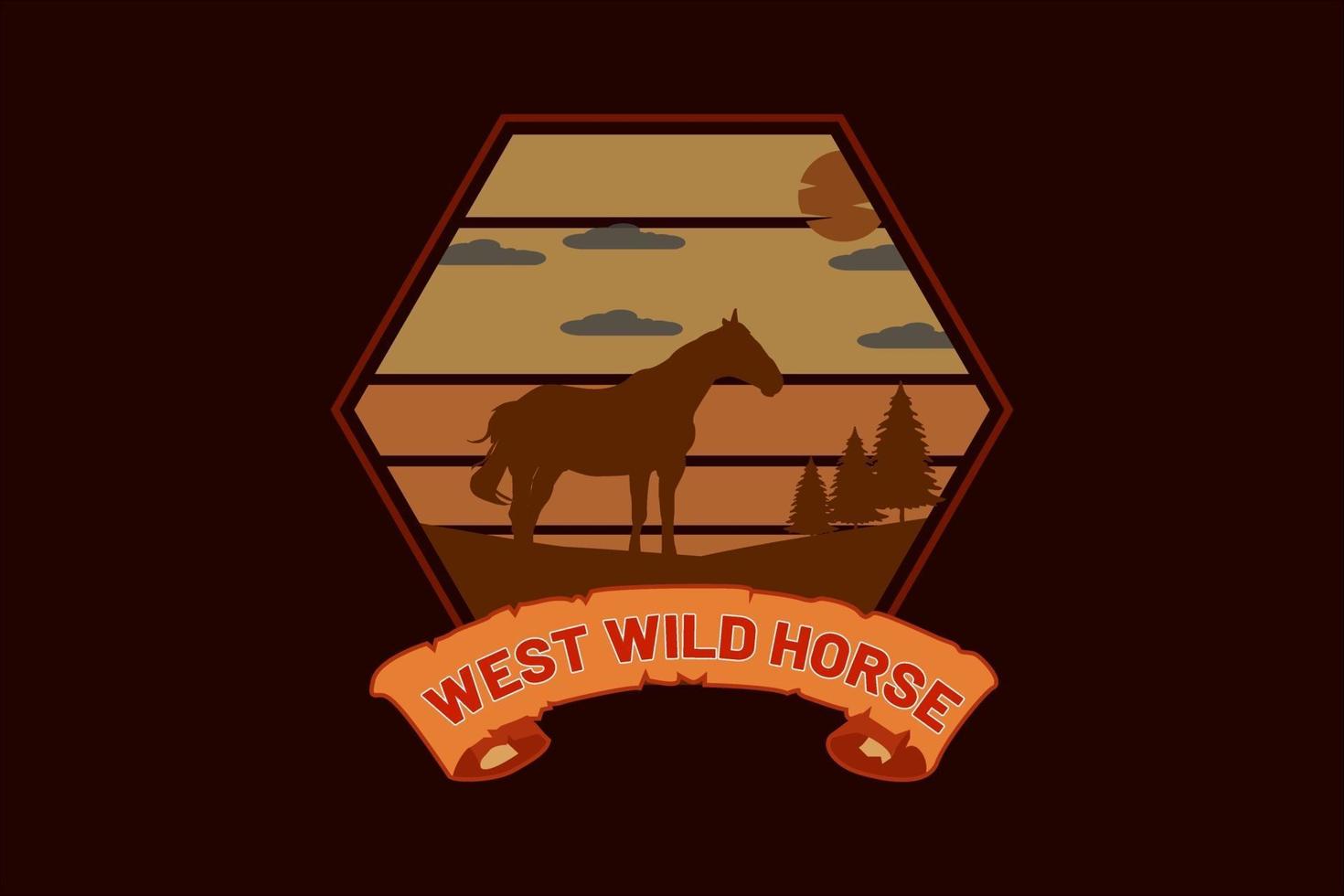 west wild horse silhouette retro design vector