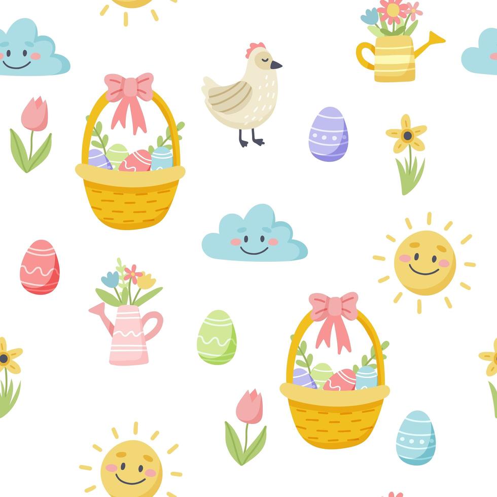 Easter spring pattern with cute eggs and flowers. vector