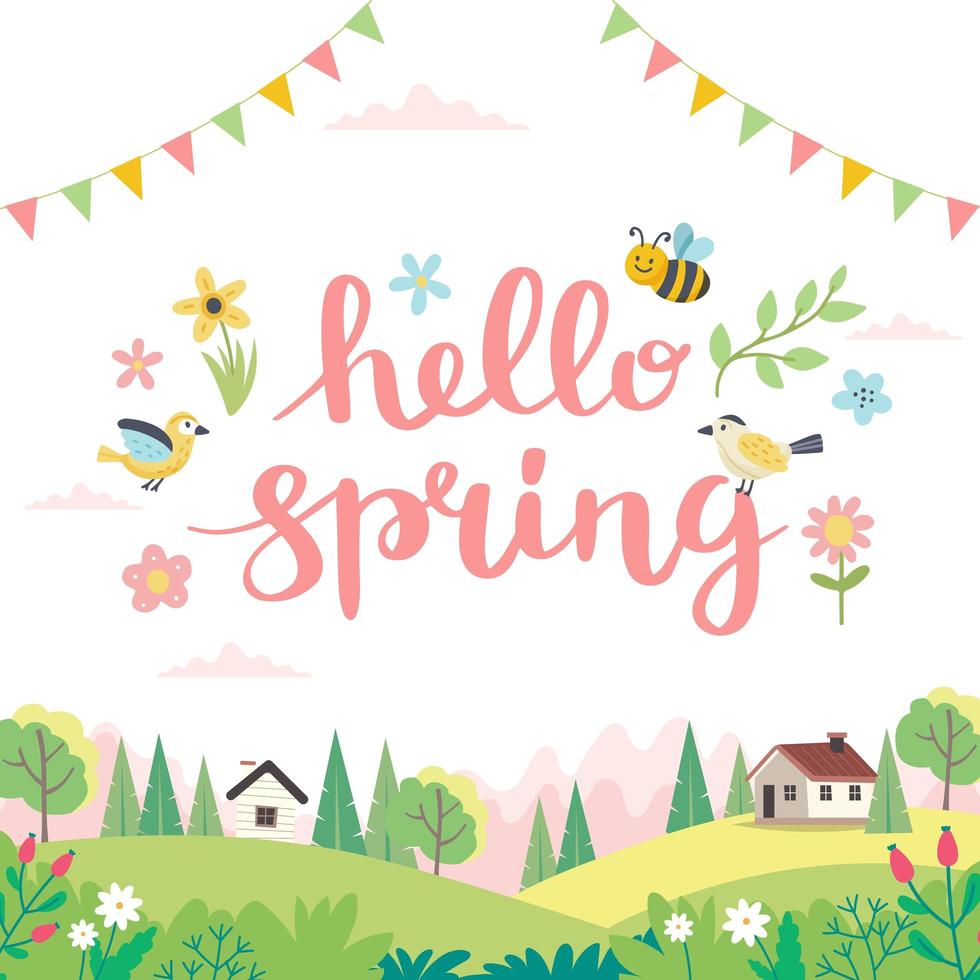 Hello spring card with lettering and cute landscape. vector