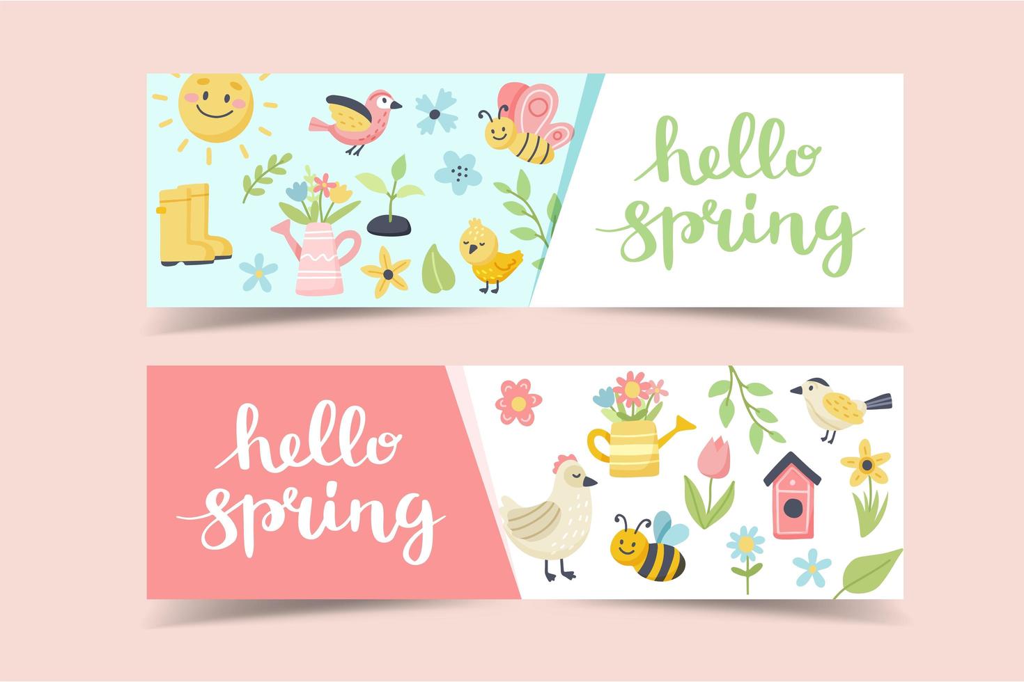 Hello Spring banners with lettering and cute birds, bees, butterflies. vector