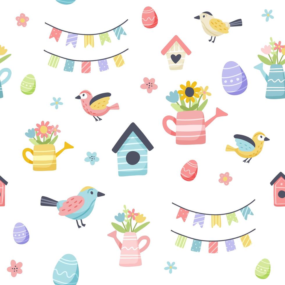 Easter spring pattern with cute eggs, birds and flowers. vector