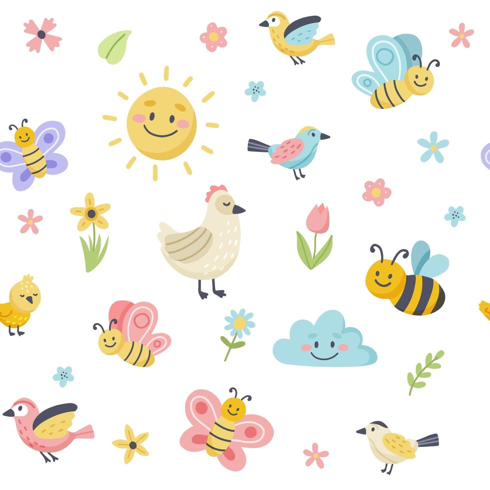 patrón de primavera de Pascua con lindos pájaros, abejas, mariposas. vector