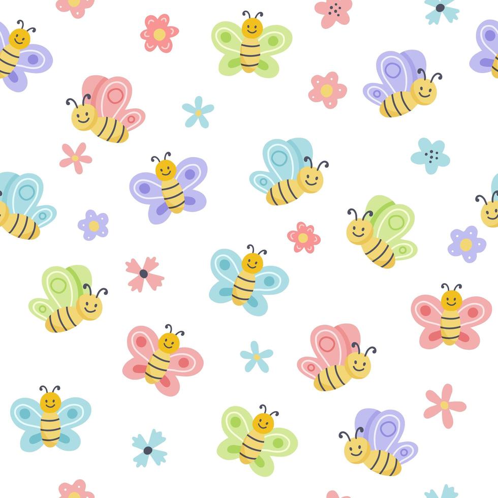 Easter spring set with cute eggs, birds, bees, butterflies. vector