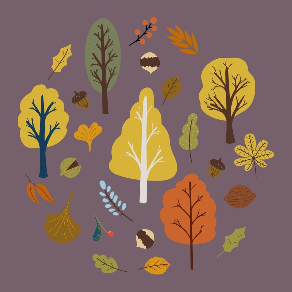 Autumn trees set with leaves and nuts vector. Vector illustration