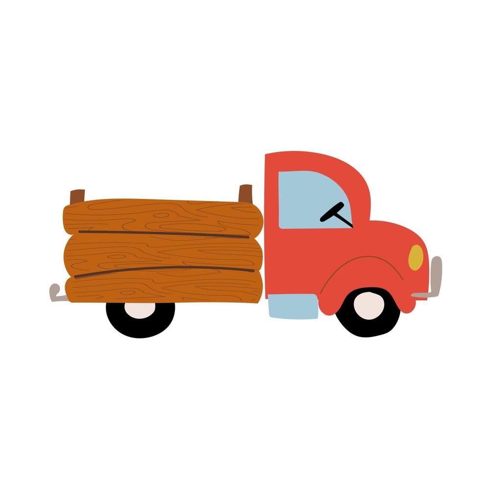 Red farm pick up truck flat hand drawn car. Pick up truck . Delivery. vector