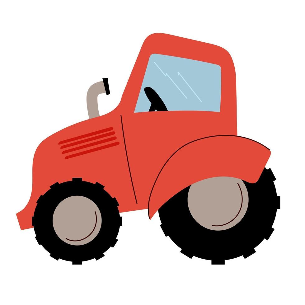 Farm red tractor with cab, wheels and exhaust pipe. Vector