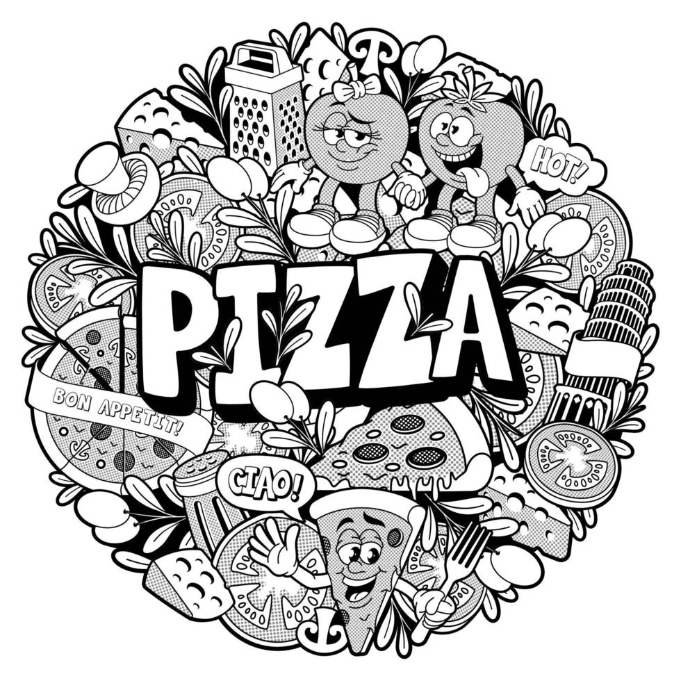 Round doodle pizza pattern vector