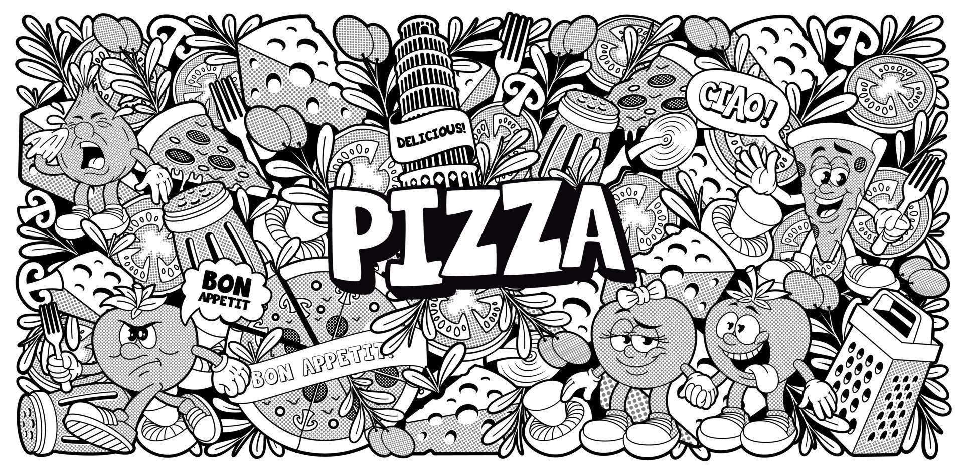 Fondo de doodle en blanco y negro para un tema de pizzería vector