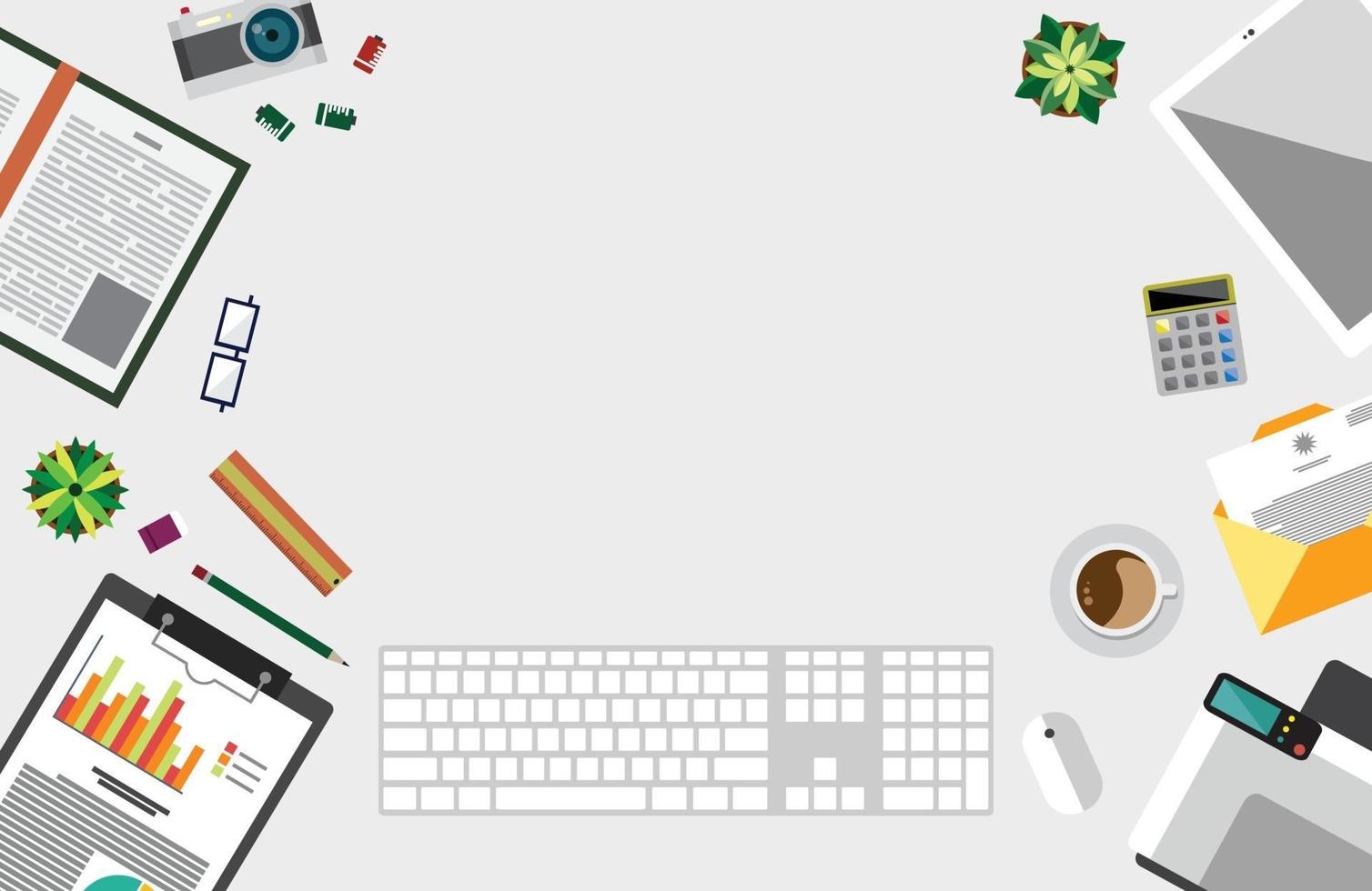 Working table and working desk with accessory on the table. vector