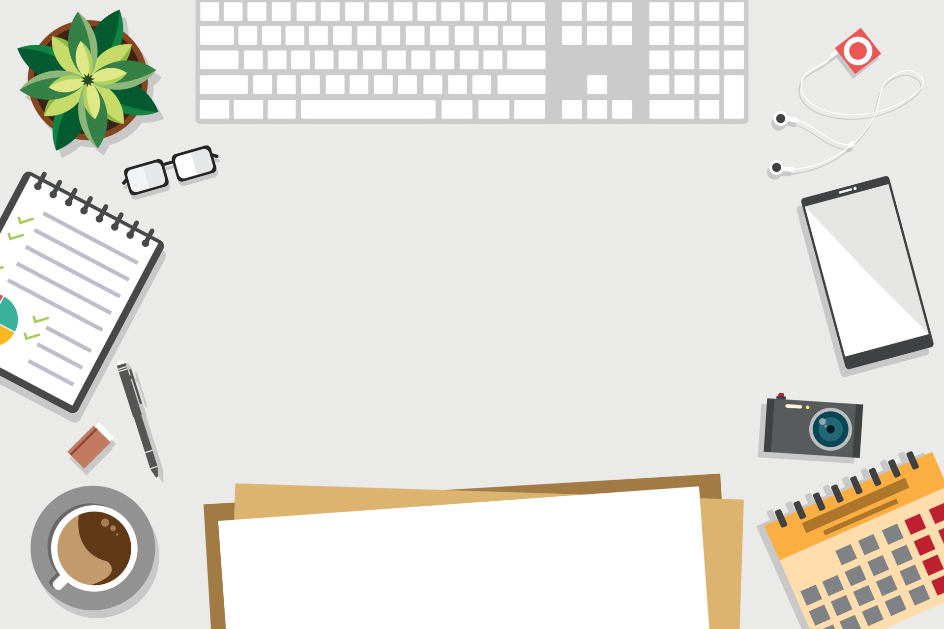 Flat design, Top view of table working with accessory on the table