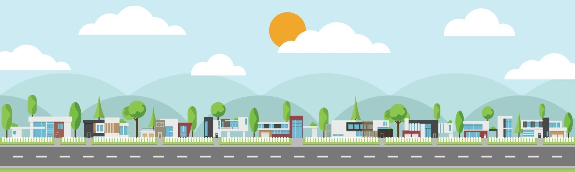 Landscape of modern houses and flat home with tree and along roads. vector