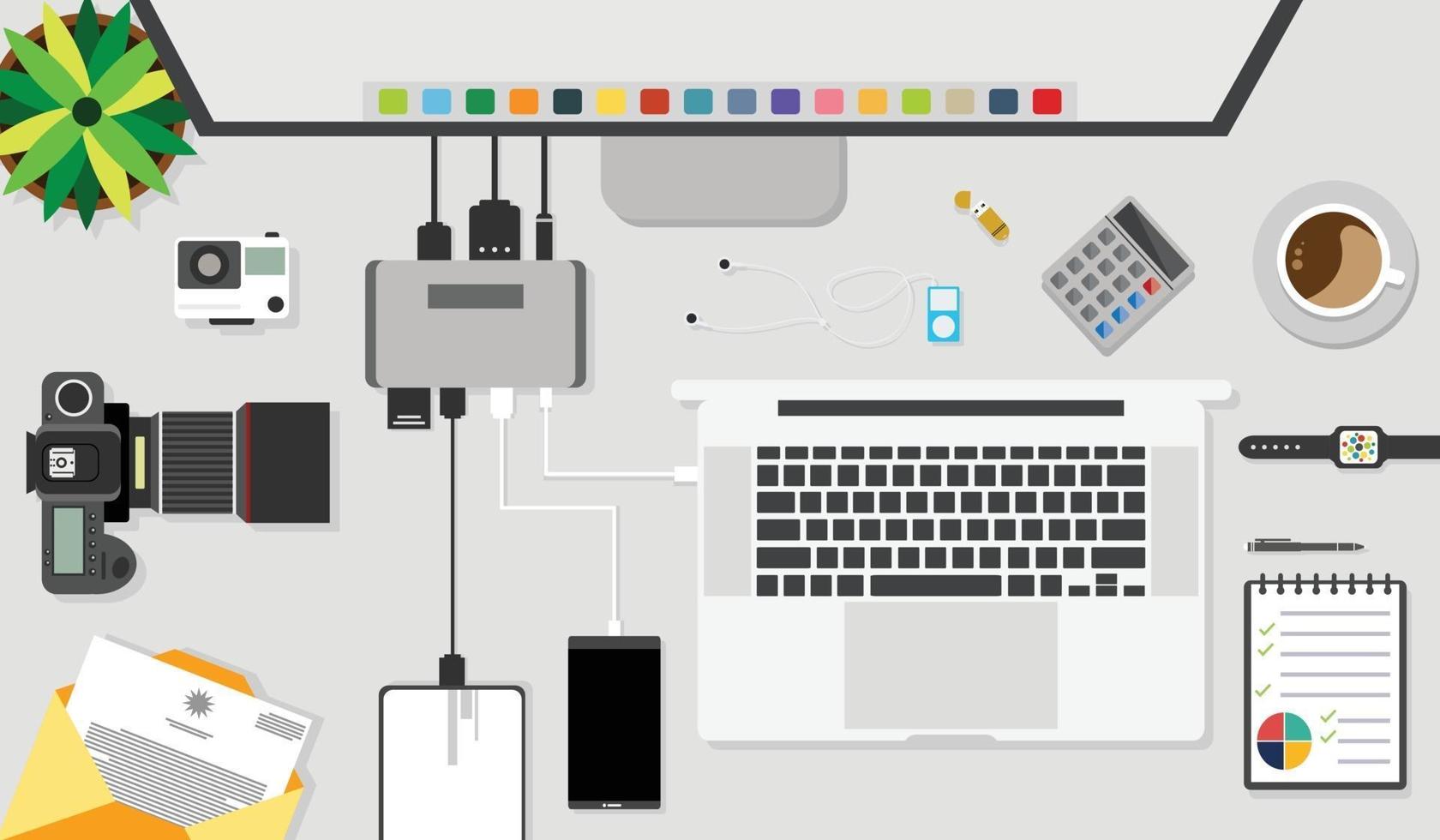 Flat design, Top view of table working with accessory on the table. vector