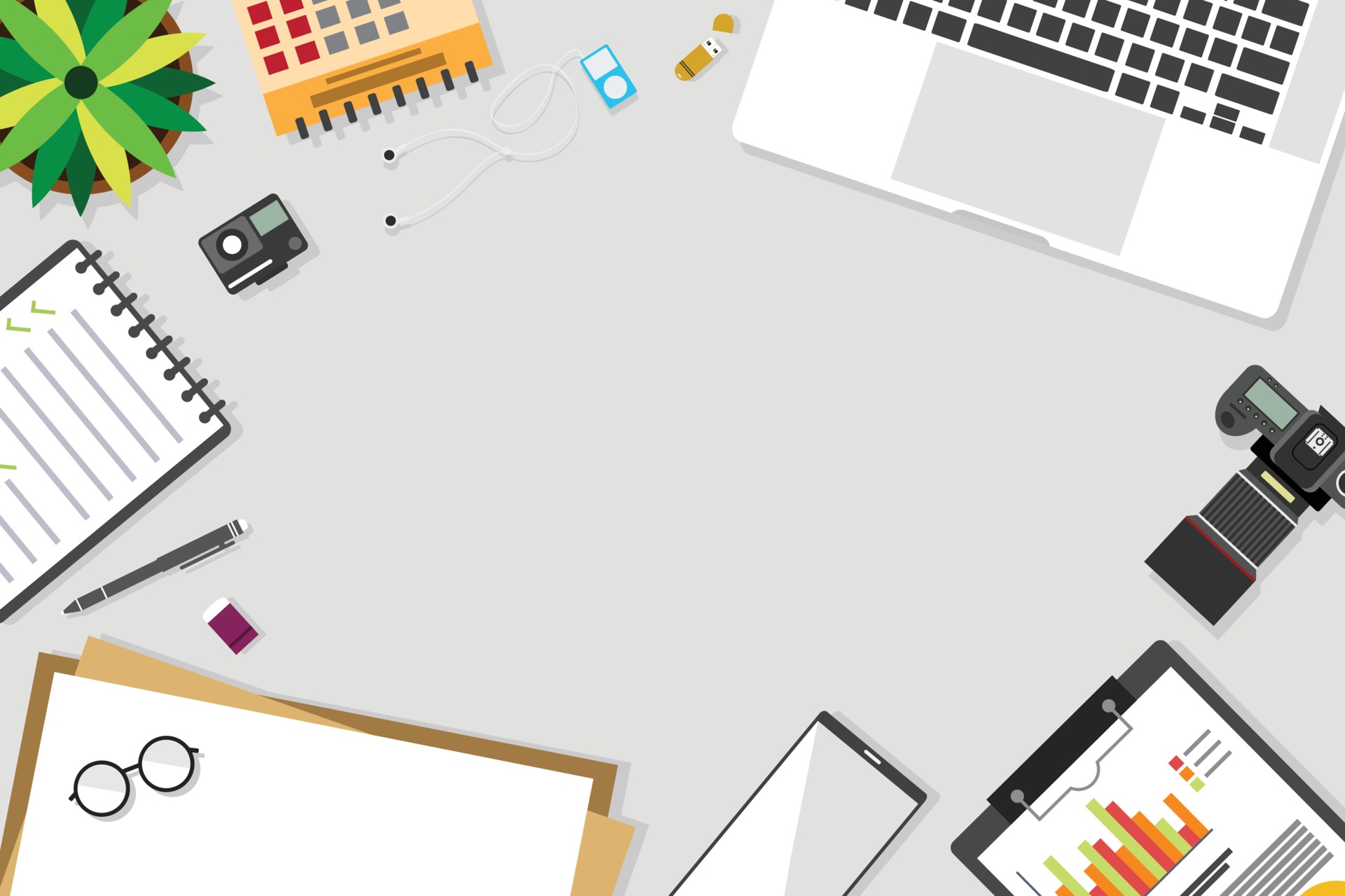 Flat design, Top view of table working with accessory on the table