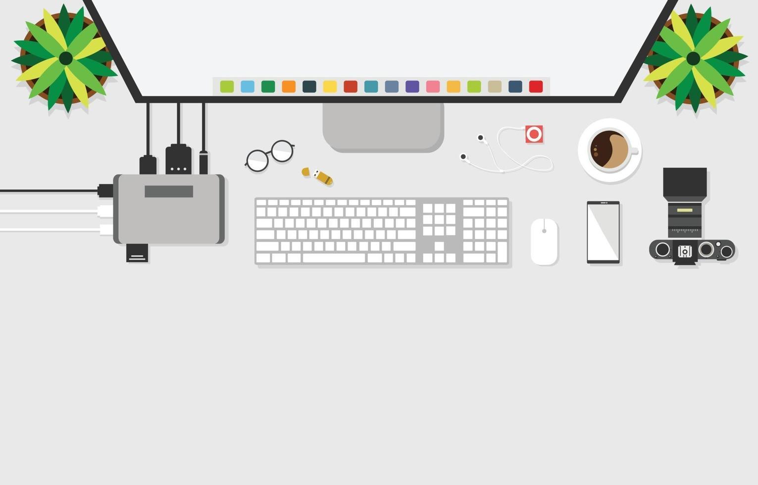 Flat design, Top view of working table with accessory on desk. vector