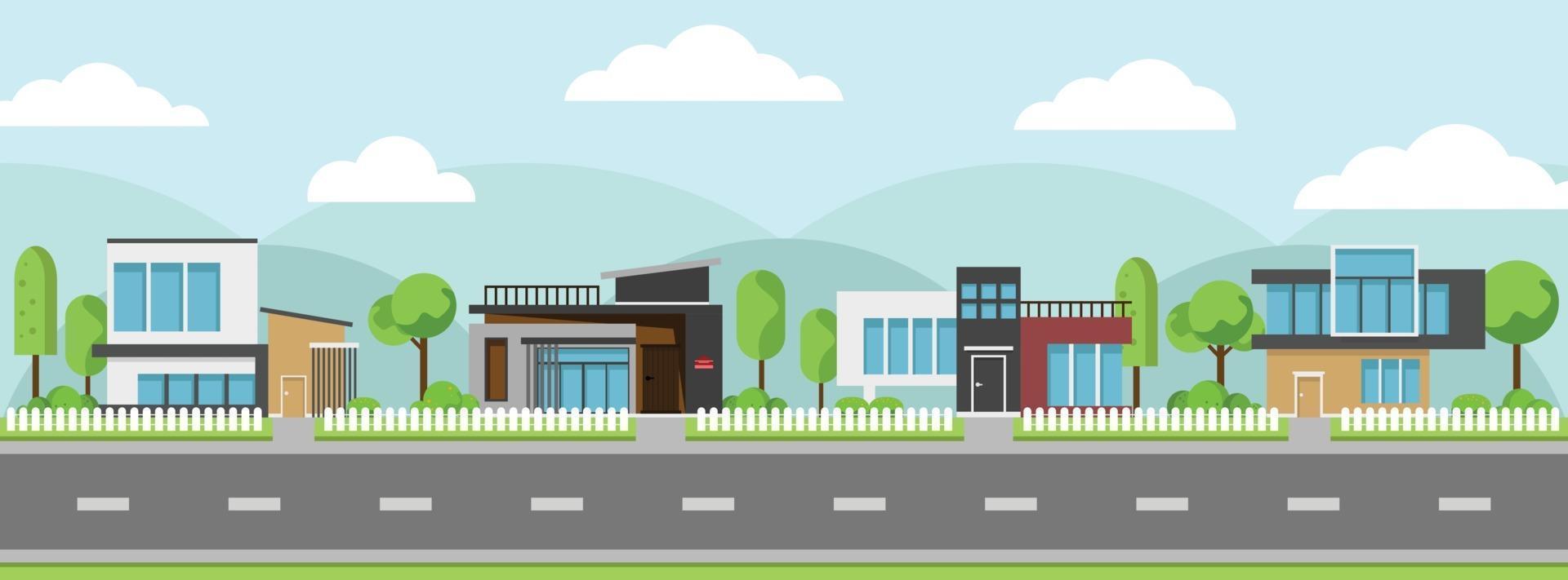 Landscape of modern houses and flat home with tree and along roads. vector