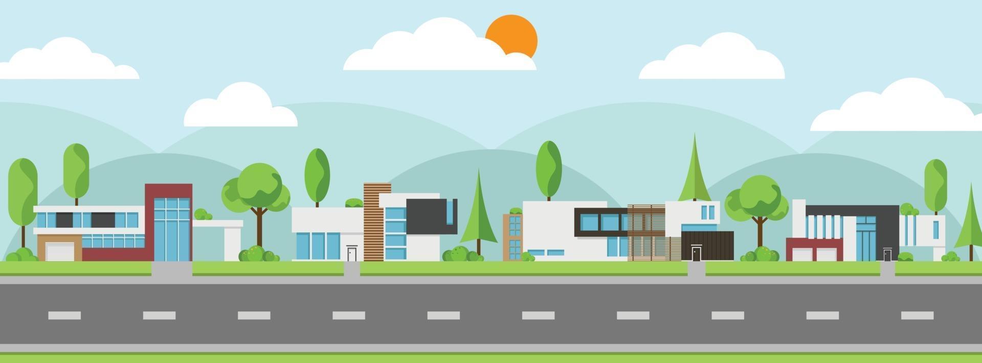 Landscape of modern houses and flat home with tree and along roads. vector