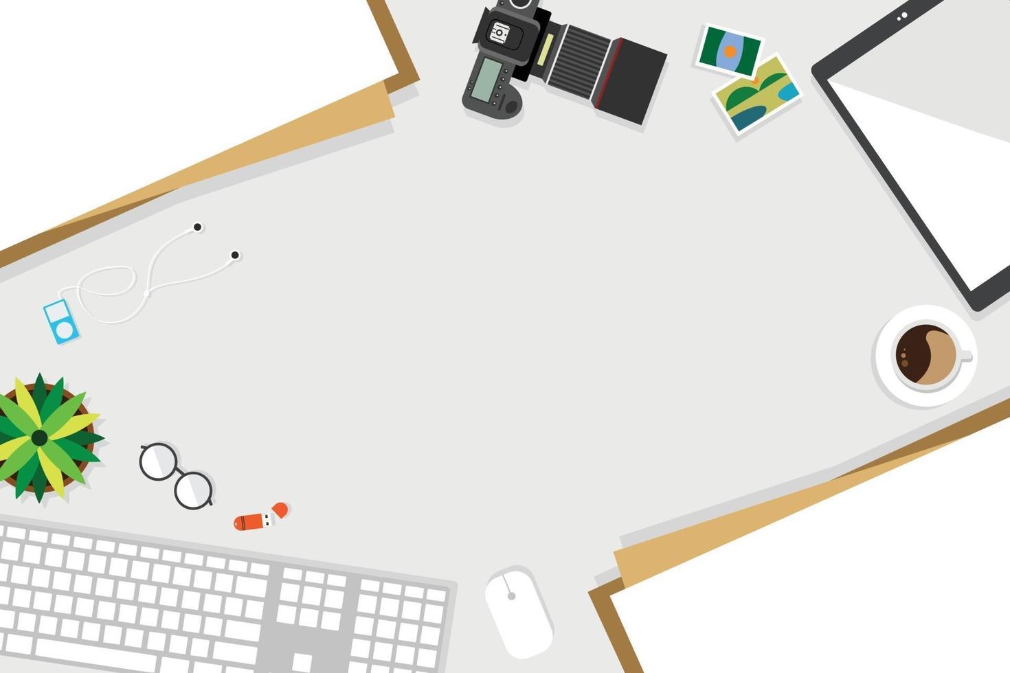 diseño plano, vista superior de la mesa de trabajo con accesorio en el escritorio. vector