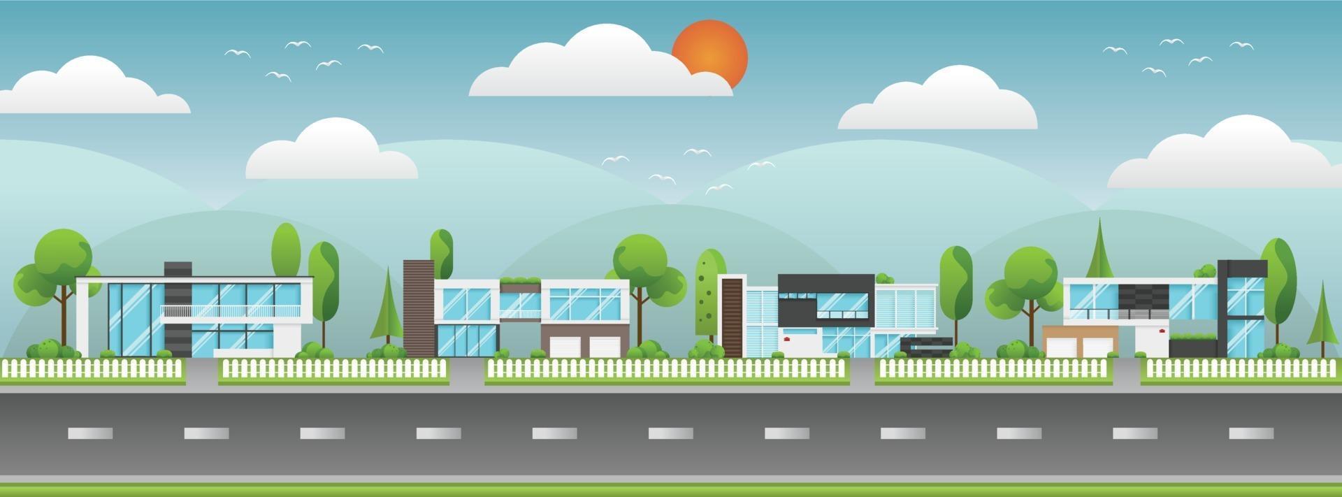 Flat design of houses or modern building with environment. vector