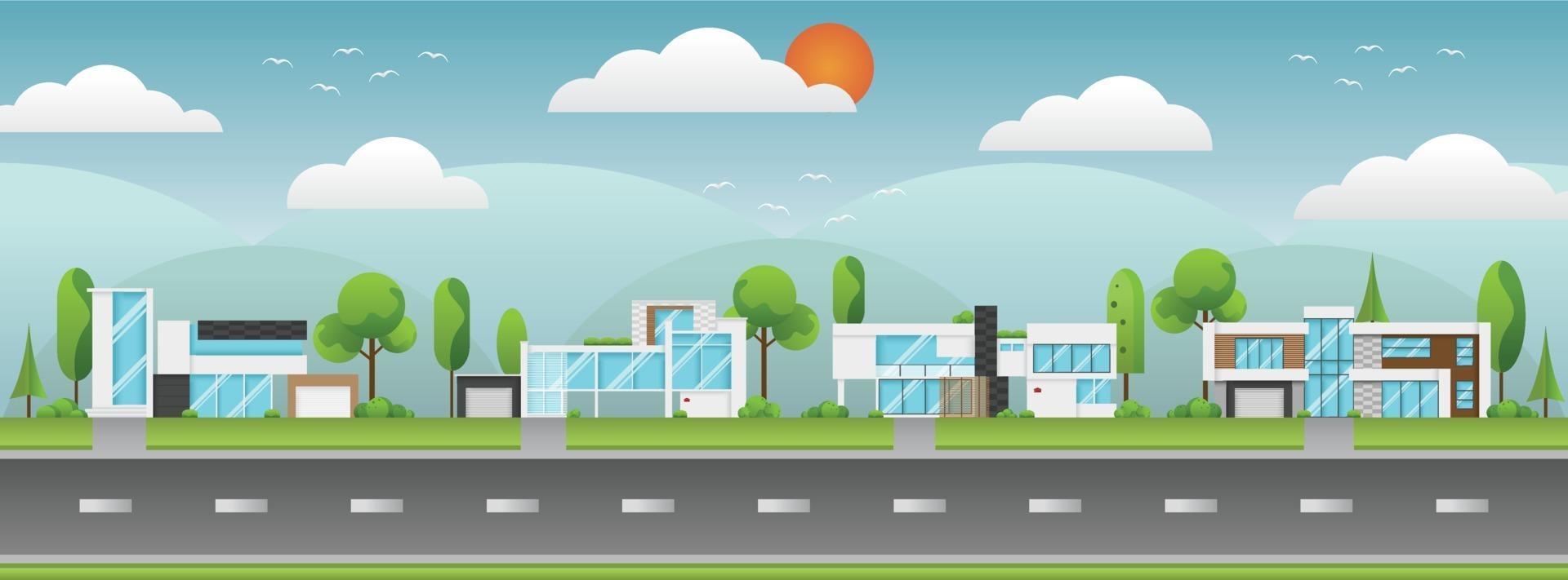 Flat design of houses or modern building with environment. vector