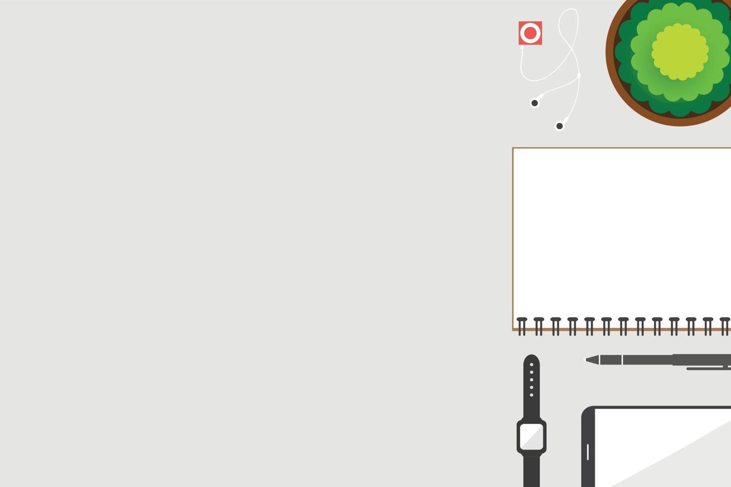 Top view of working table with space for text with accessory on desk. vector