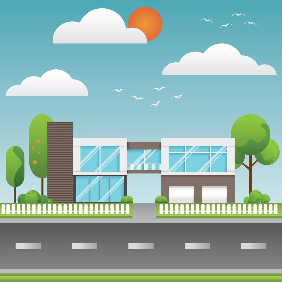 Flat design of houses or modern building with environment. vector